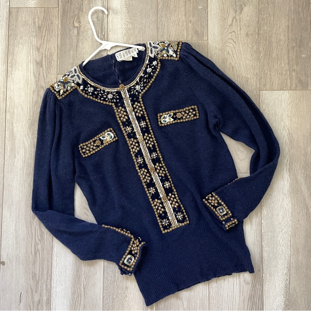Shannan vtg Lambswool Angora Beaded Embellished Sweater Blue (medium) costume